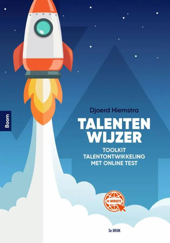 Cartoonraket met oranje vinnen en witte romp met groene raam in product talentenwijzer van djoerd hiemstra hoger onderwijs koninklijke boom uitgevers
