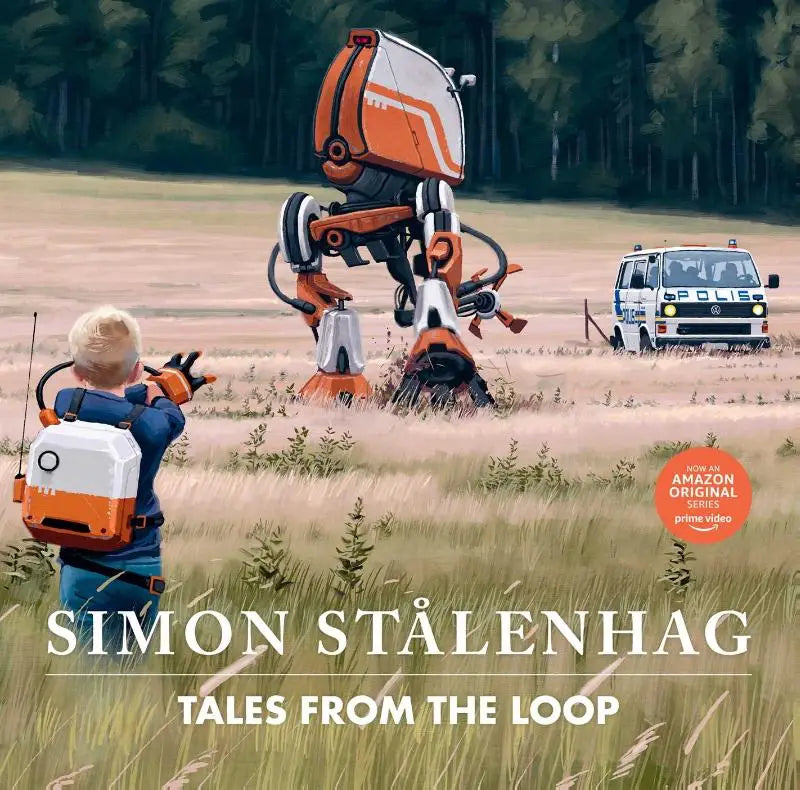 Oranje-wit gepantserde robot met zwarte gewrichten staand in een veld uit Tales from the Loop