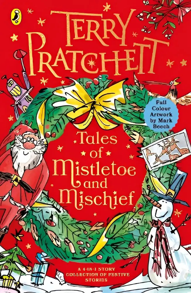 Een levendige rode boekomslag van tales of mistletoe and mischief met een feestelijke krans en kerstfiguren