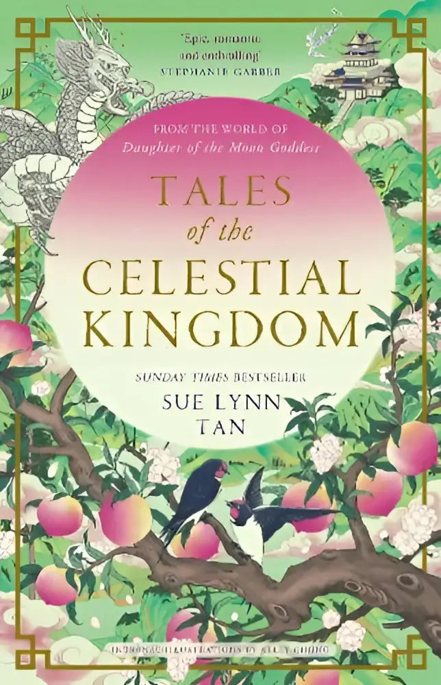 De boekomslag van tales of the celestial kingdom toont een levendig ontwerp met perzikbomen en traditionele chinese architectuur