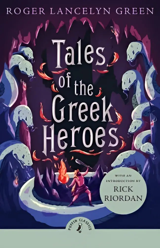 De boekcover van tales of the greek heroes toont de titel in wit op een donkerpaarse achtergrond met mythologische illustraties