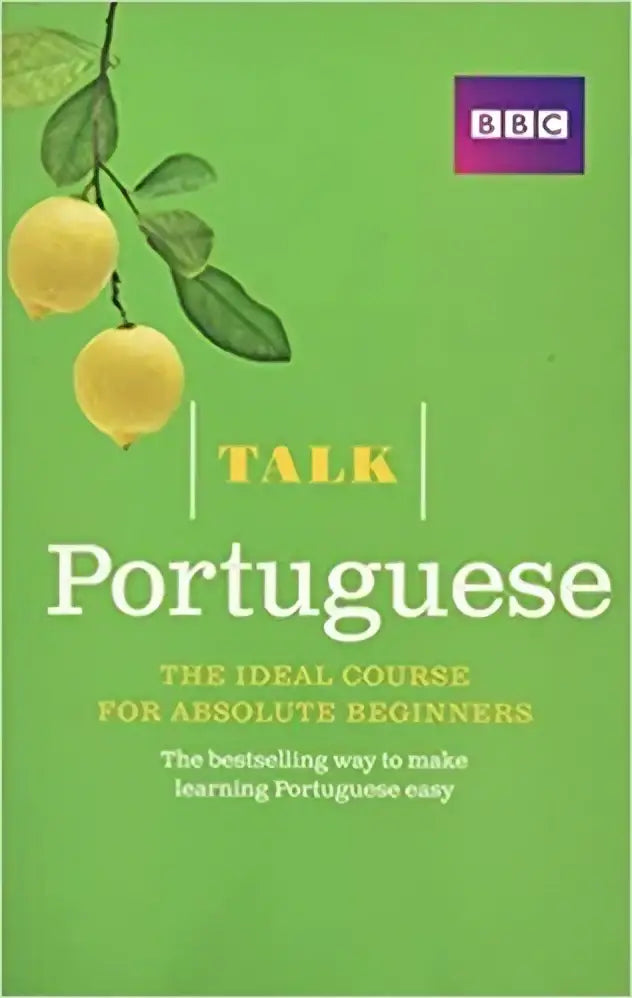 Groen boek cover talk portuguese met bbc logo illustraties van gele citroenen en groene bladeren voor taalvaardigheden verbeteren