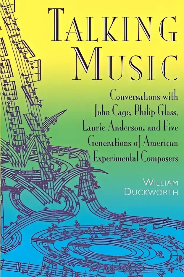 The book cover of talking music features bold black lettering on a vibrant yellow green and blue gradient with purple musical instrument drawings