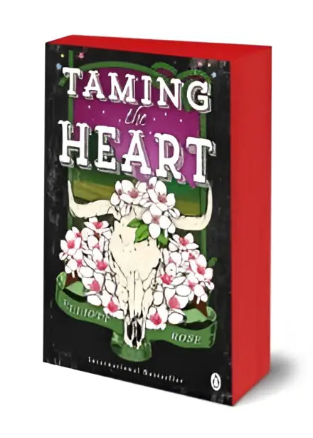Boek taming the heart van lee child en rose met rode rug en omslag van witte bloemen rond een schedel