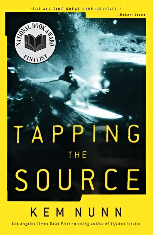 The book cover of tapping the source features bold yellow letters over a dark image of a surfer on a wave