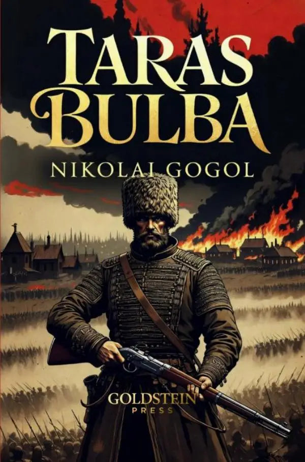Rugged man in a bruin lederen en metalen uniform met bontmuts houdt oud geweer vast in episch verhaal taras bulba