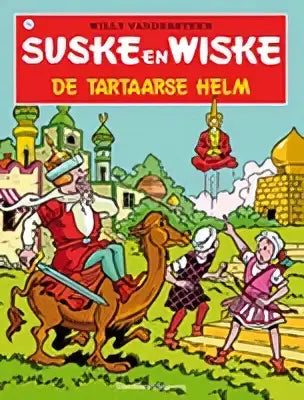 De vibrant cartooncover van de strips algemeen suske en wiske de tartaarse helm door willy vandersteen met rode en gele letters