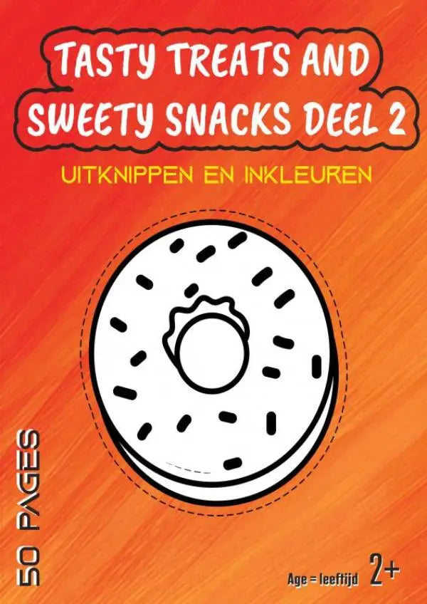 Een witte donut met zwarte sprinkels op een oranje achtergrond uit tasty treats and sweety snacks deel 2 kinderboek