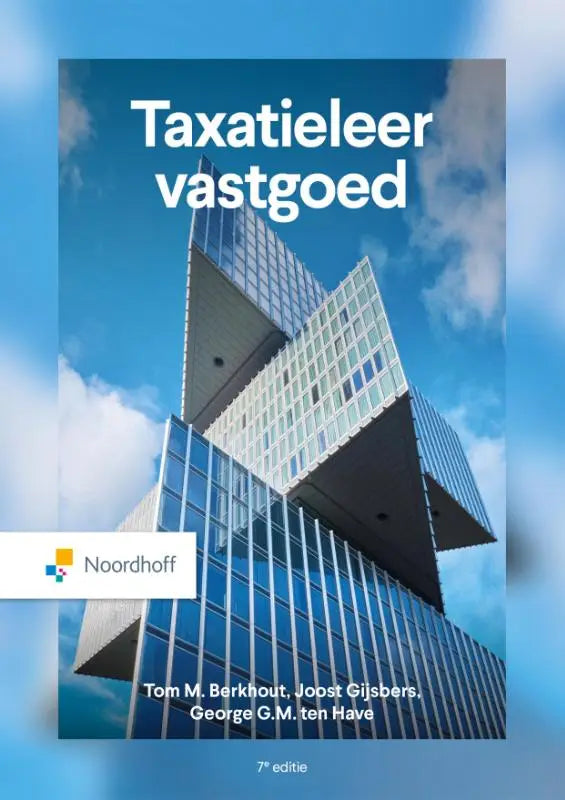 De cover van taxatieleer vastgoed toont een modern glas- en staalgebouw tegen een blauwe lucht met witte wolken