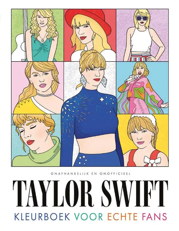 Kleurboek voor echte fans met een levendige illustratie van taylor swift in verschillende iconische outfits
