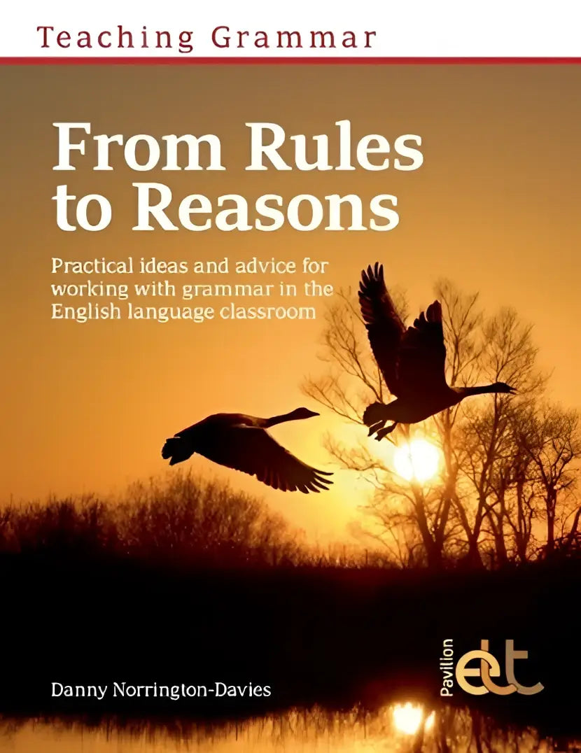 De boekcover van teaching grammar from rules to reasons toont de titel in witte letters met een oranje gele zonsondergang en geese silhouetten