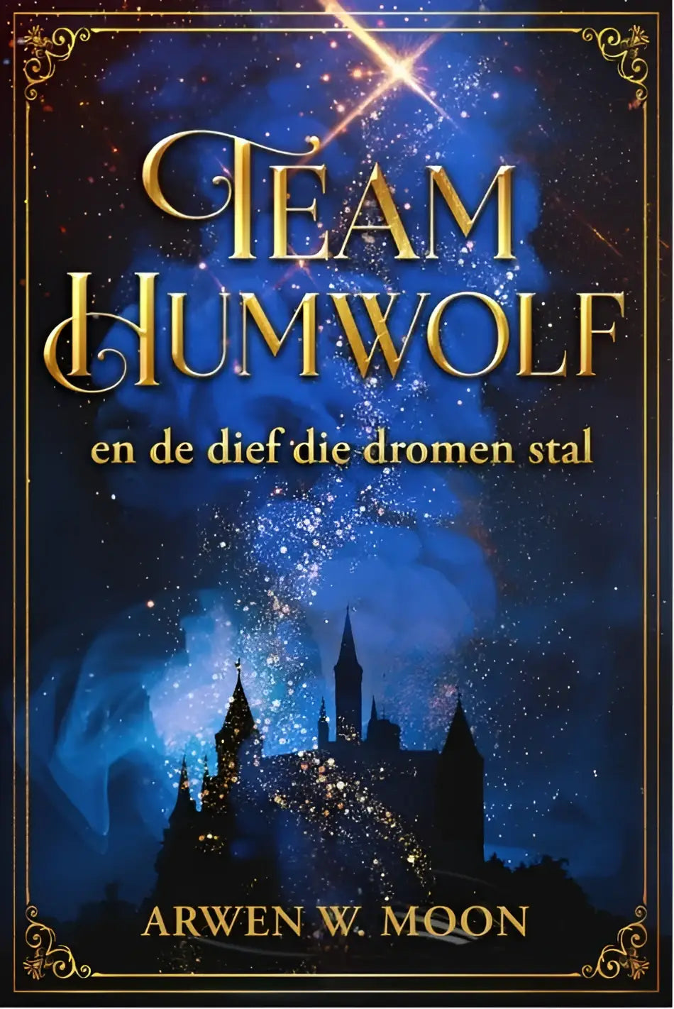 De boekcover van team humwolf en de dief die dromen stal toont gouden letters tegen een blauwe sterrennacht voor jonge lezers