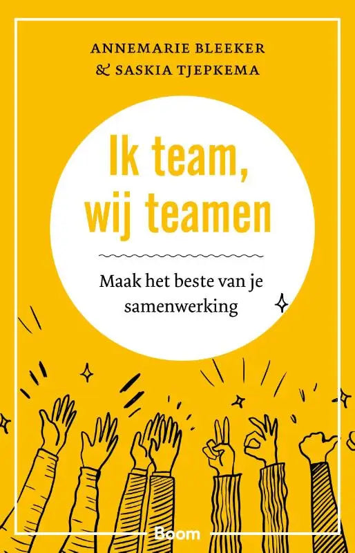 Gele omslag van het boek ik team wij teamen met zwarte lijntekeningen van handen en gele titeltekst