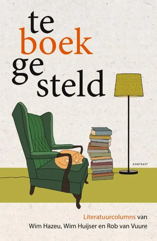 Groene stoffen fauteuil met een slapende oranje kat bij teboekgesteld literatuurcolumns van wim hazeu en wim huijser