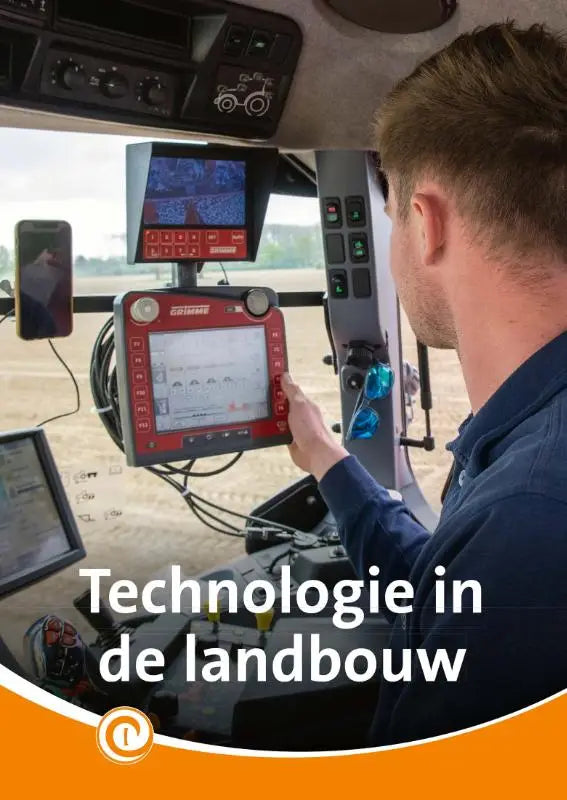 Rood grime landbouwbedieningspaneel met touchscreen display gemonteerd in tractorcabine voor jonge lezers