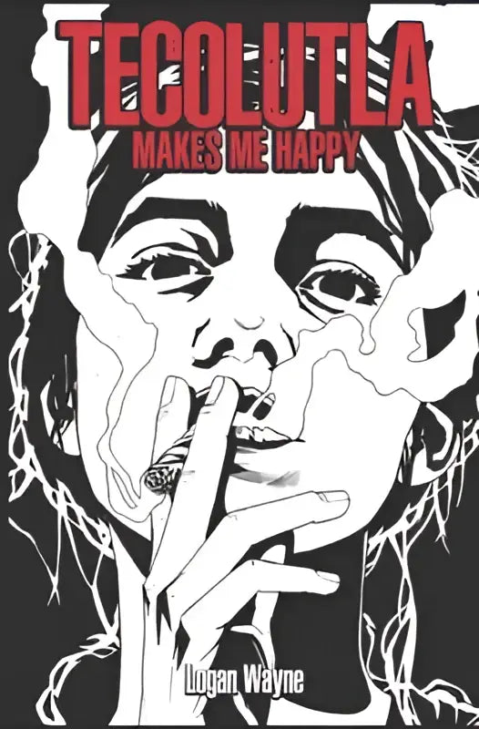 Zwart-witte graphic novel cover met een gestileerde illustratie van een persoon die rookt en de tekst tecolutla makes me happy in rood