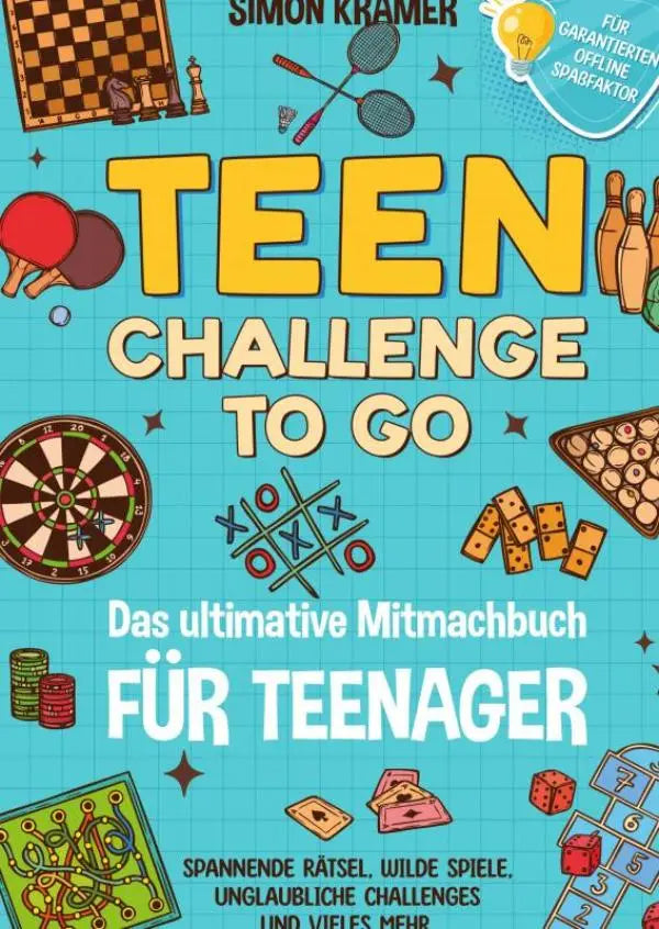 Helder geel en wit tekst op een lichtblauwe achtergrond toont teen challenge to go het ultimative mitmachbuch met unglaubliche challenges und vieles voor tieners