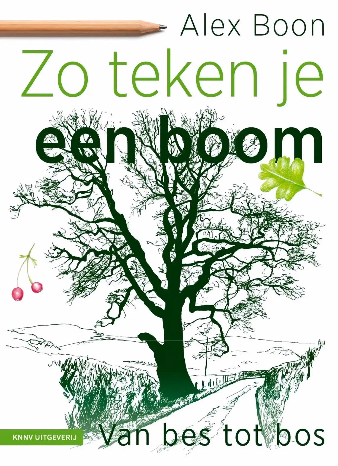 A green and black illustrated book cover of zo teken je een boom by alex boon published by knnv uitgeverij featuring a detailed tree drawing
