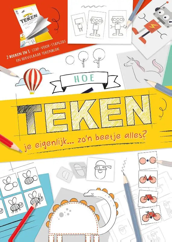 Vibrant gele en rode illustratieve omslag van het hervulbaar tekenblok hoe teken je eigenlijk zo’n beetje alles met een stap-voor-stap gids