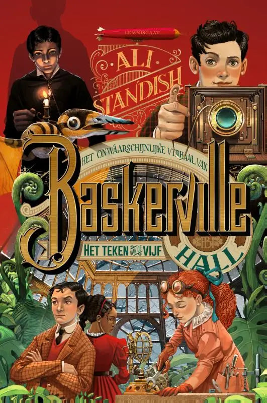 De voorkant van het boek het teken van de vijf toont de rijke goudgeperste titel baskerville met decoratieve krullen en verwijst naar ali standish en baskerville hall