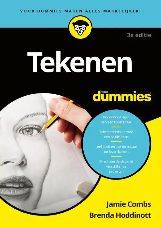 Zwart geel tekenen voor dummies tekenboek met cirkelvormige illustratie van hand die oog schetst