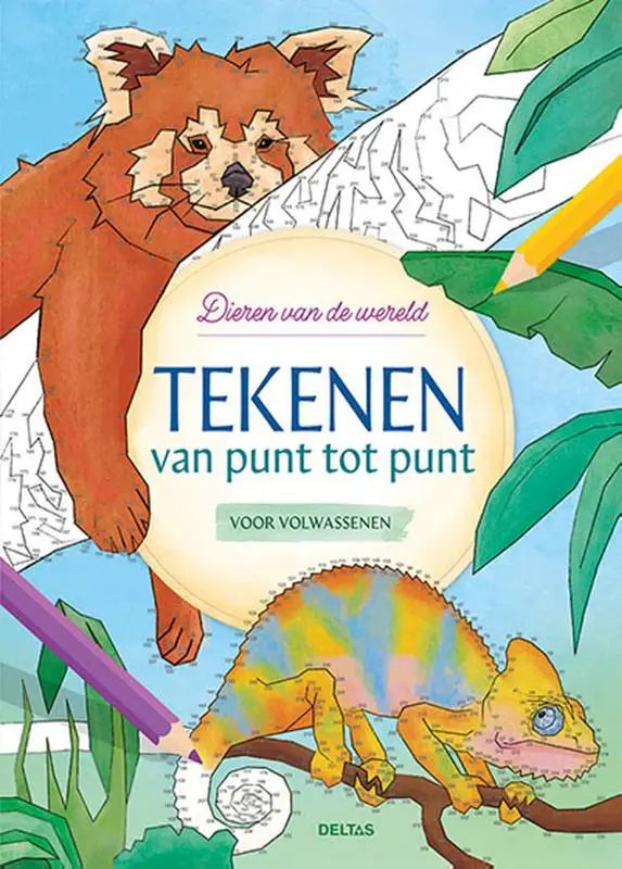 Tekenen van punt tot punt voor volwassenen dieren van de wereld met rode panda en kleurrijke kameleon op de omslag