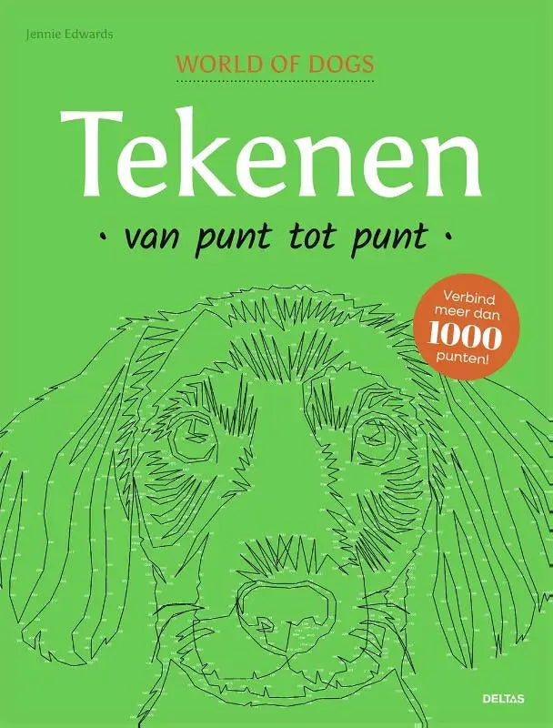 Groene boekcover van tekenen van punt tot punt world of dogs met zwarte lijntekening van hondengezicht door jennie edwards