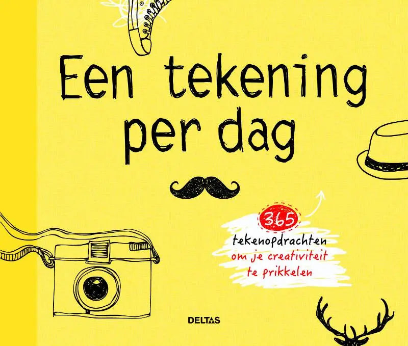 Gele kaft van een tekening per dag met zwarte lijntekeningen van een camera, snor, hoed en schoen door deltas chantecler