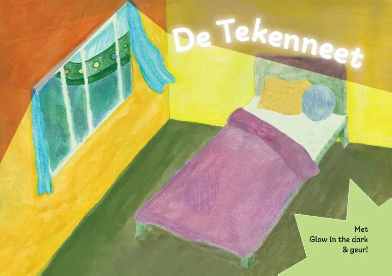 Een gezellige slaapkamer met een bed met paarse deken en gele kussen tegen warme muren geschikt voor jonge lezers met de tekenneet met glow in the dark en geur