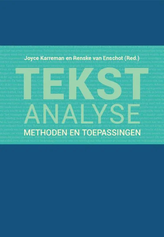 Het boek Tekstanalyse heeft een omslag met gedurfde lichtteal tekst op een blauwe verloopachtergrond