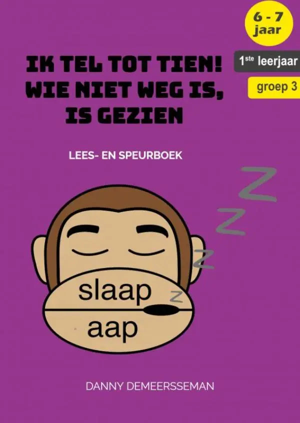 Paars kinderboek ik tel tot tien met cartoon aap en zzz in het Nederlands voor 6-7 jaar lees- en speurboek