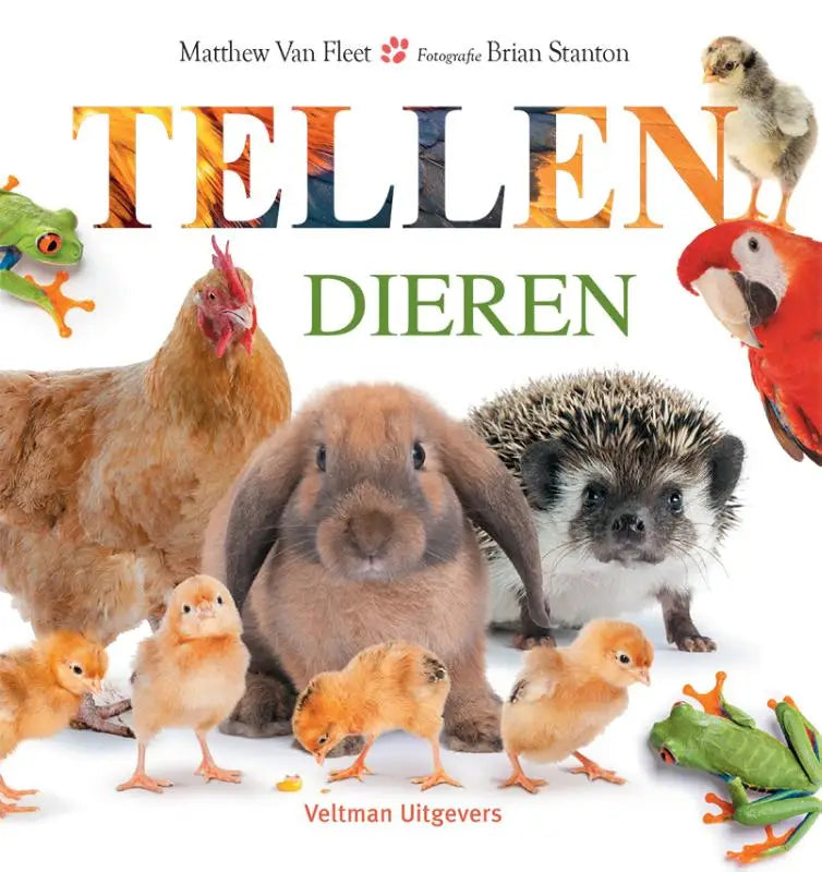 De cover van het kinderboek Tellen - dieren door Matthew Van Fleet toont een bruine konijn met diverse dieren voor jonge lezers