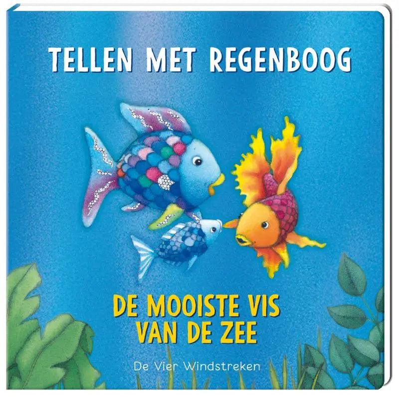 Tellen met regenboog kleurrijke kinderboekcover met illustraties van vissen tegen blauwe oceaan voor jonge lezers