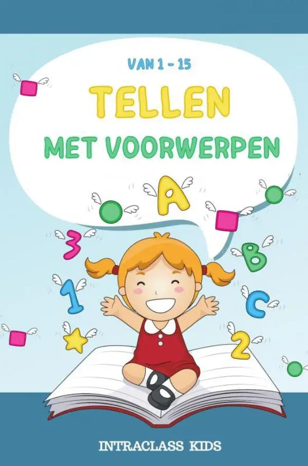 Een vrolijk cartoonmeisje met oranje vlechten zit op een open boek met kleurrijke letters en cijfers voor jonge lezers