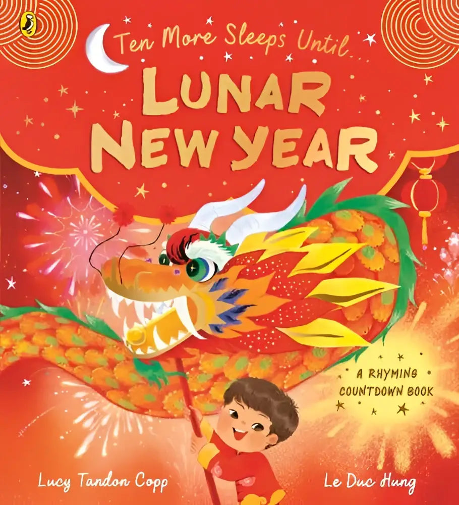 Een levendige rode kinderboekcover met een kleurrijke draak en de titel ten more sleeps until lunar new year