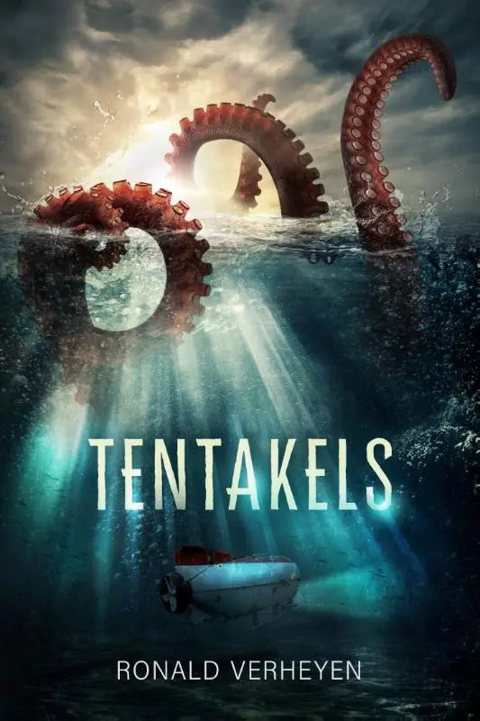 Een dramatisch boekomslag van tentakels met een enorme rode octopus uit ruige oceaan onder stormachtige lucht