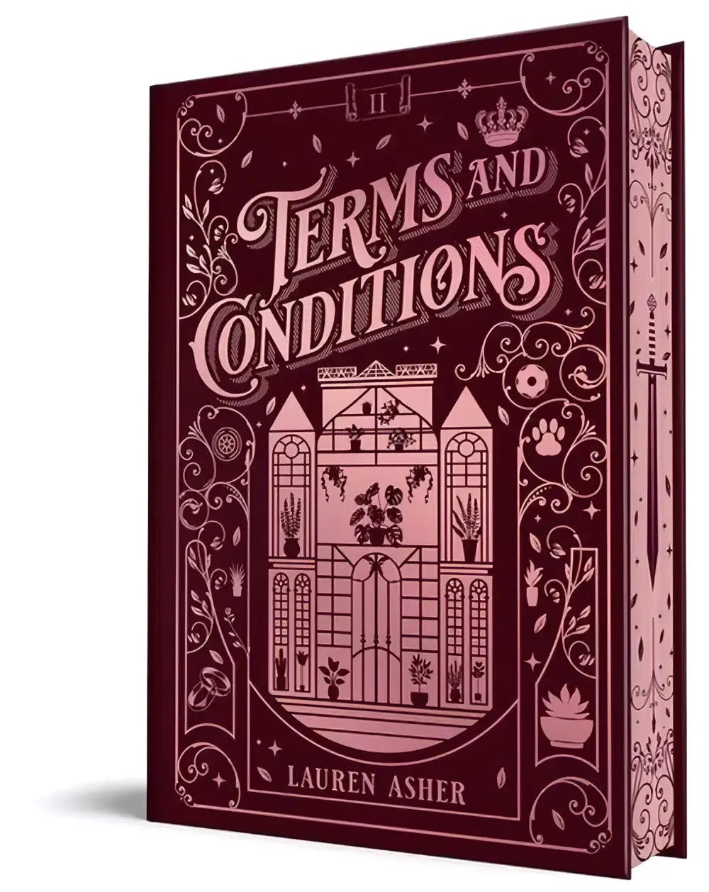 Een maroon hardcover boek terms and conditions door lauren asher met roze illustraties collector’s edition