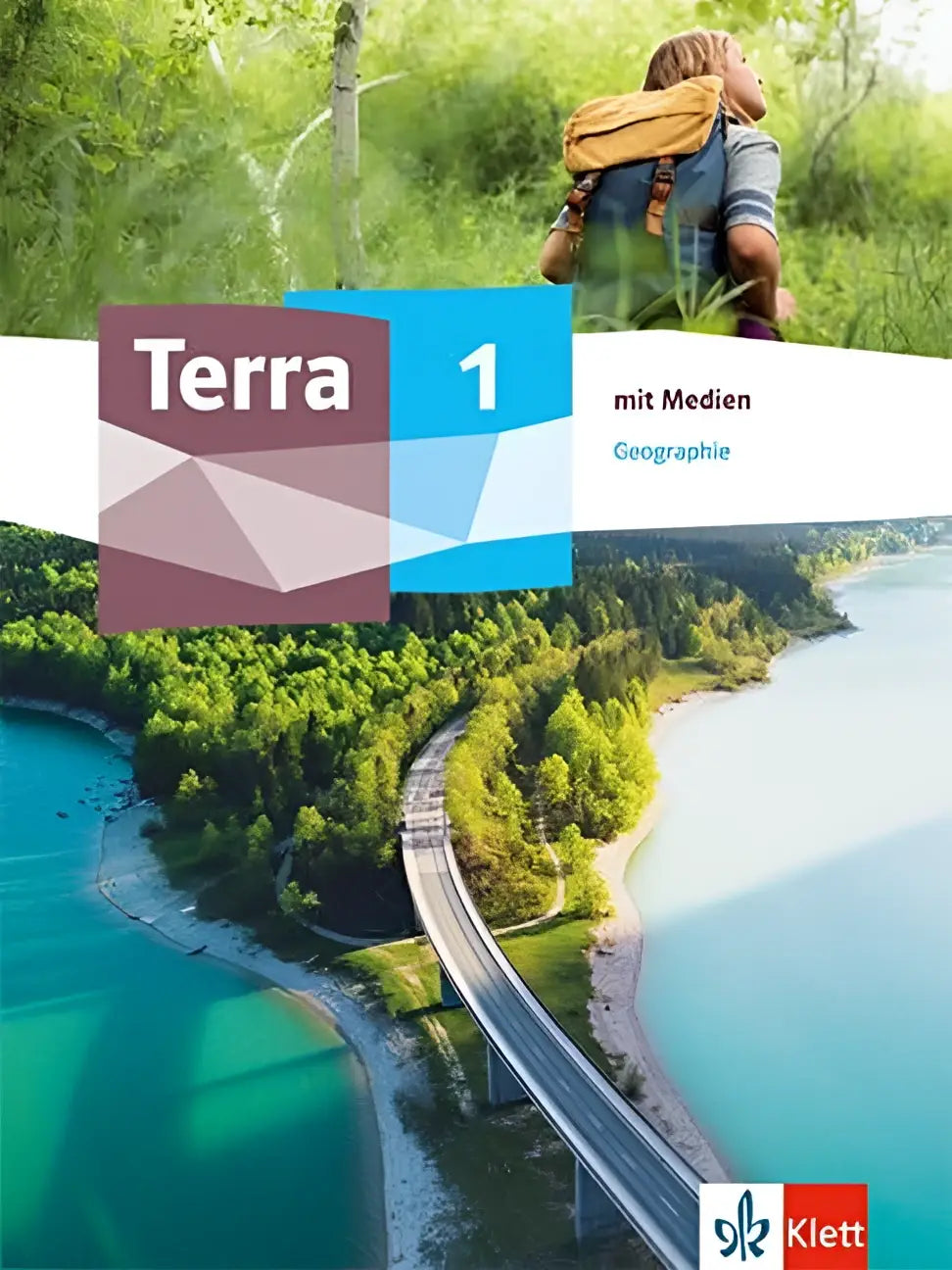 De cover van terra geographie 1 schulbuch klasse toont een kleurrijk landschap en is een schulbuch mit medien