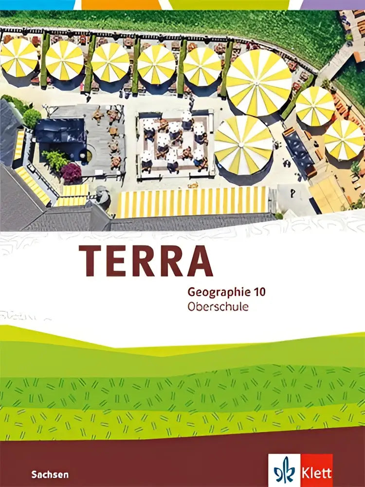 De cover van terra geographie 10 ausgabe sachsen schulbuch mit medien toont gele en witte gestreepte parasols vanuit de lucht
