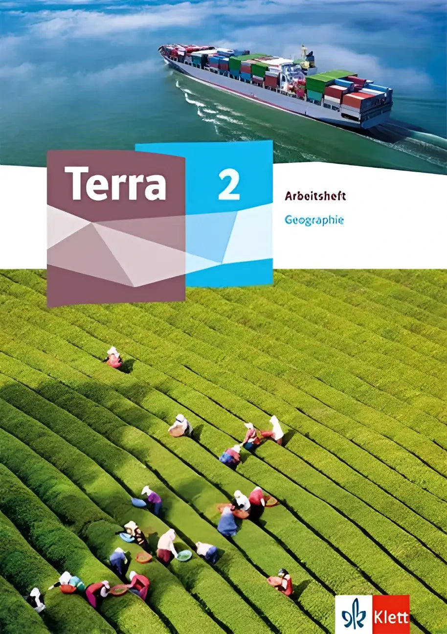 Terra geographie 2 arbeitsheft klasse 7-10 cover met groene theeplantage en containerschip op het water
