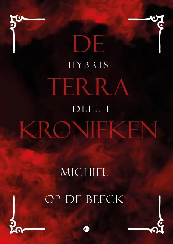 Rode boekkaft van de terra kronieken hybris deel 1 met sierlijke witte hoeken en titel in verschillende roodtinten