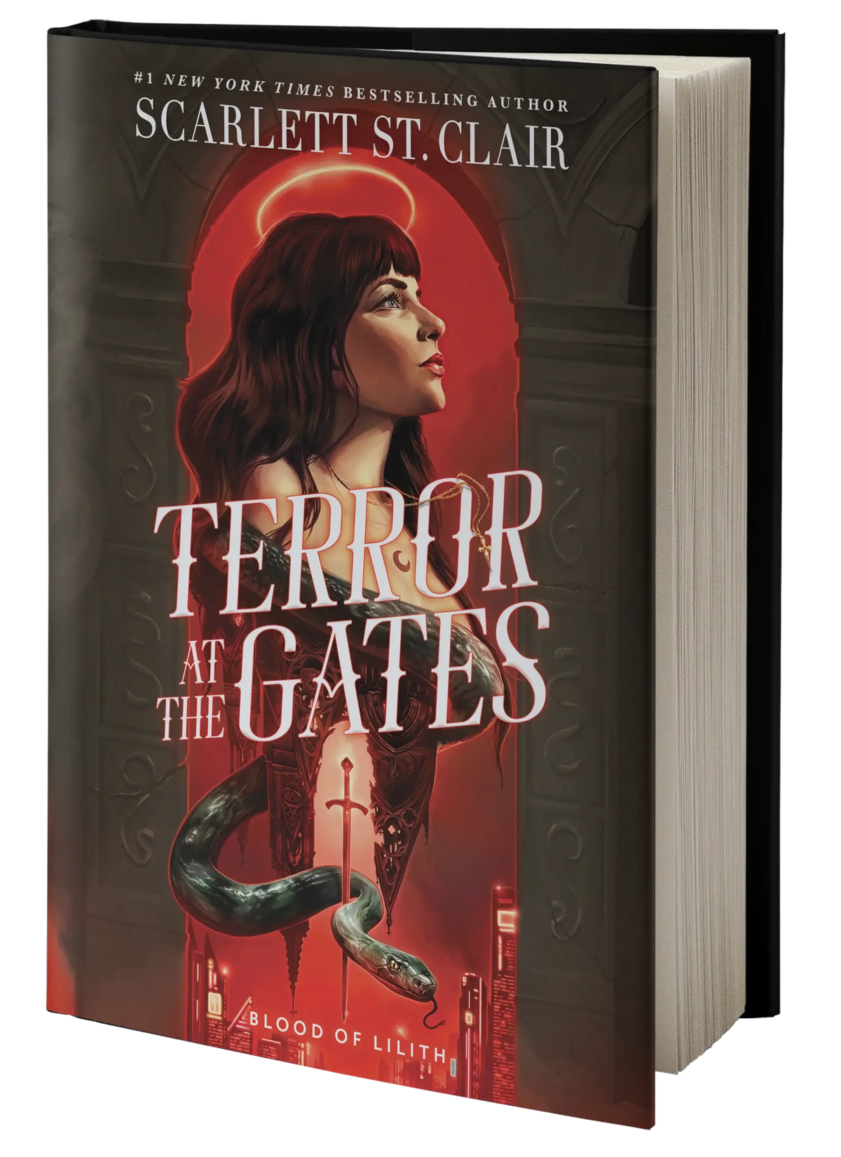 Hardcover boek terror at the gates met donkere gotische omslag, vrouw in rood en een omwikkelde slang onder de titel