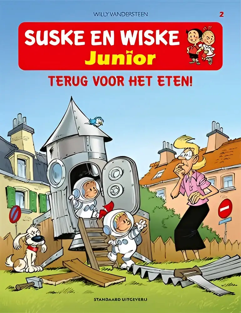 Cartoonillustratie van een zilveren raketvormig huis met open deuren en ramen in terug voor het eten