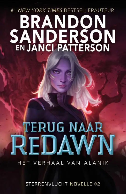 Terug naar redawn boekcover toont een blonde vrouw met puntige oren tegen vuurrode achtergrond brandon sanderson sterrenvlucht novelles