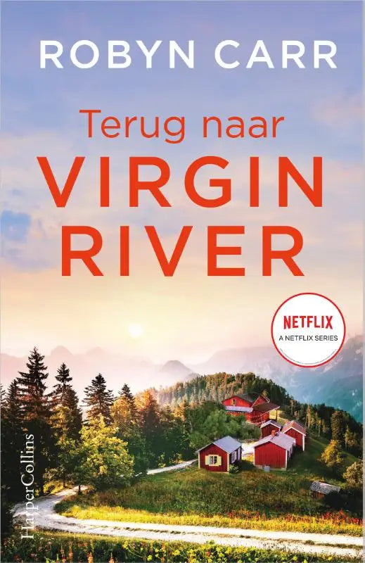 Terug naar virgin river boekcover met een schilderachtig landschap en rode hutten te midden van bomen onder een zachte lucht