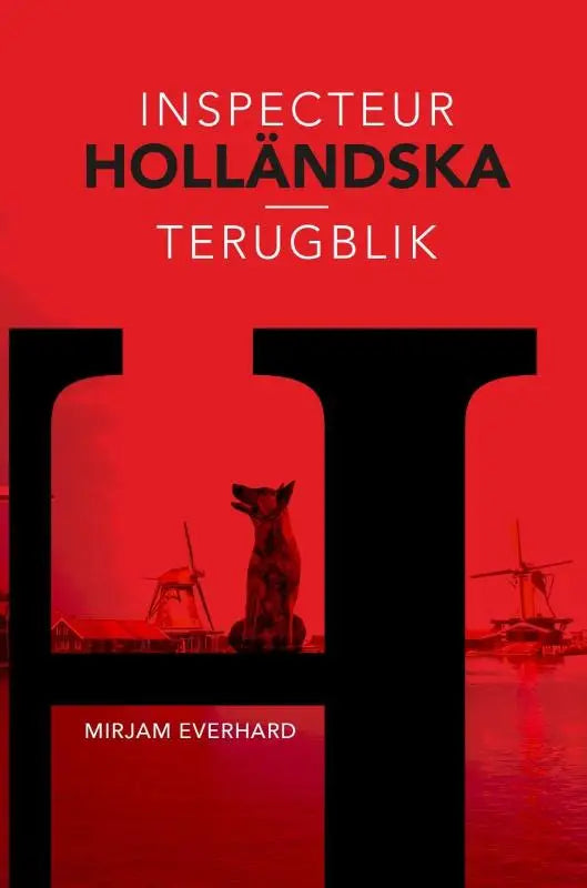 Rood boek terugblik met zwarte gestileerde h en honden silhouet voor windmolens en water door mir