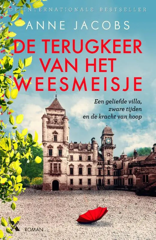 Rood paraplu liggend op grind voor een stenen kasteel in de context van de terugkeer van het weesmeisje