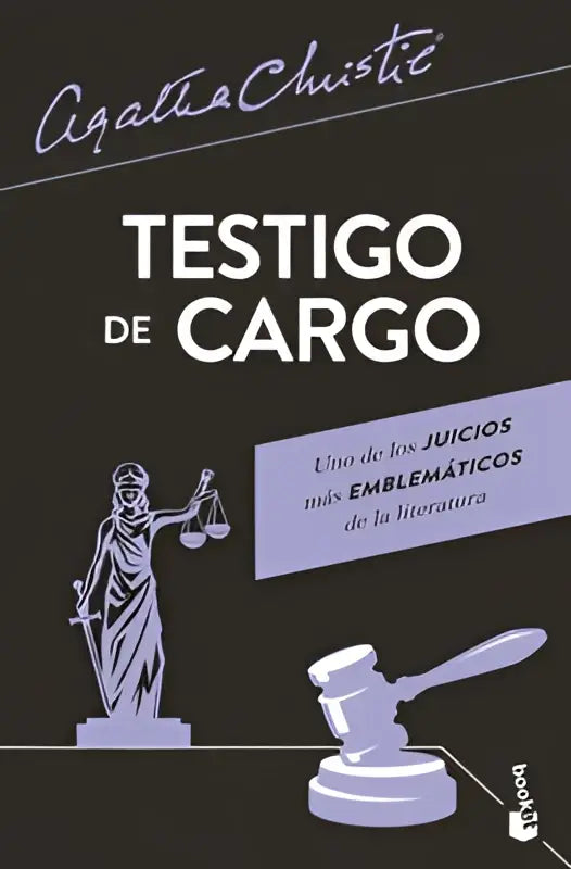 Donkergrijze boekomslag van testigo de cargo door agatha christie met wit silhouet van lady justice en hamer voor the witness for the prosecution