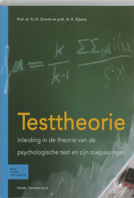 Green boek cover met gele titel tekst en wiskundige formules op schoolbord achtergrond voor psychologische testen