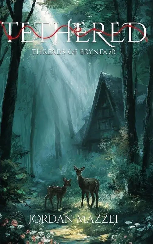 De boekcover van tethered threads of eryndor door jordan mazzei toont een mistig bos met twee herten bij een houten hut in teal en groen